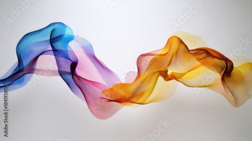 Flowing translucent fabrics with smooth undulating surfaces display a gradient from deep blue to vibrant pink and warm o