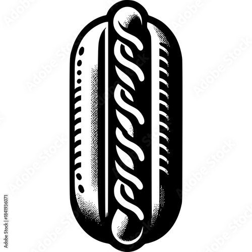 Iconic Hotdog Illustration: A captivating black and white graphic showcases a perfectly formed hotdog. The illustration emphasizes simplicity.