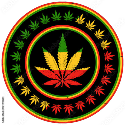 A cannabis leaf within a red yellow and green circle with a black background