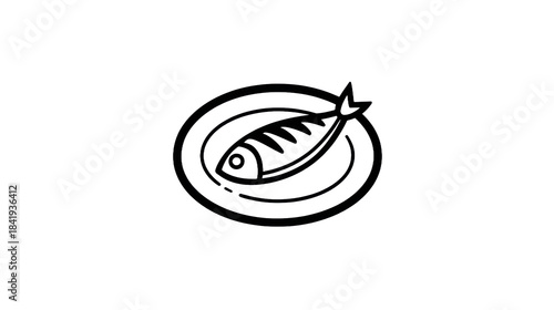 Outline illustration of a fish dish on a plate with transparent background