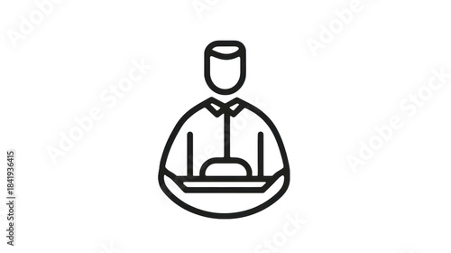Outline illustration of a person holding a laptop computer against transparent background