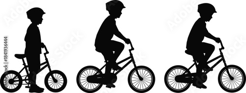 Set of three vector silhouettes showing a young boy's development from standing to riding a bicycle, illustrating learning, childhood, and sports growth concept isolated on white background