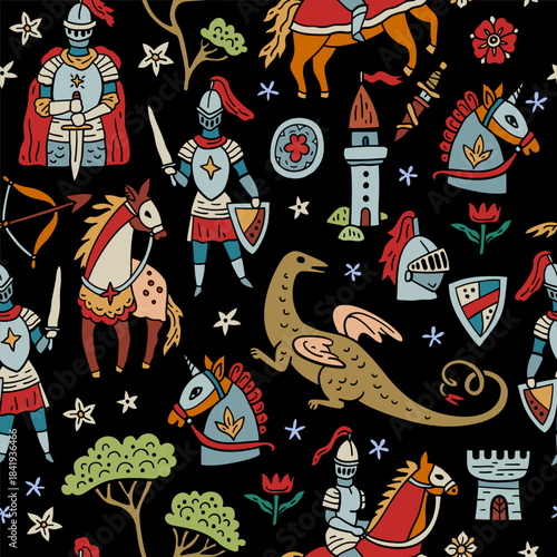 Seamless medieval vector pattern with knights, horses and castles. Dragon and rider. Hand-drawn like an ancient tapestry. For textile and paper design.