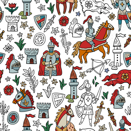 Bright fairytale background. Seamless medieval vector pattern with knights, horses and castles. Dragon and rider. Hand-drawn like an ancient tapestry. For textile and paper design.
