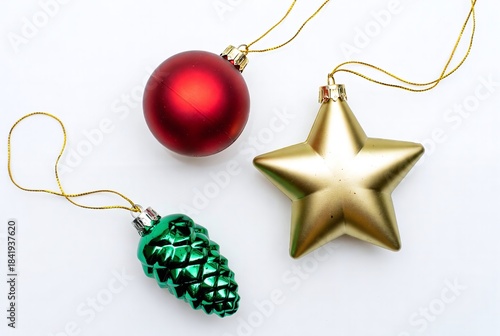 Christmas Holiday Ornaments: Red, Gold, and Green Tree Decorations with Star, Ball, and Pinecone for Festive and Joyful Spirit