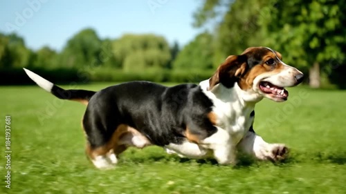 A tri-color hound dog sprints across a grassy field under a bright blue sky on a sunny day