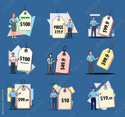 Set of price tag icons with characters