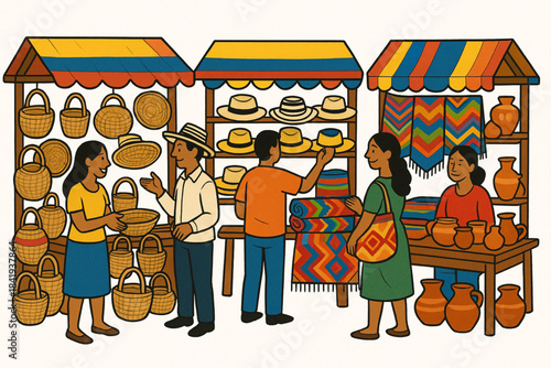 Colorful cartoon illustration of Colombian outdoor market with vendors selling handmade baskets, ceramics, and textiles