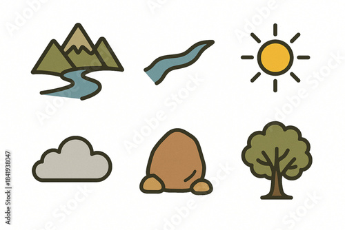 Peruvian Nature Icons – Mountains, River, Sun, Cloud, Rocks, Tree Stylized Set