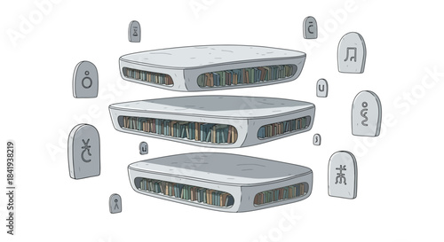 Three stacked futuristic white devices with glowing interfaces surrounded by ancient runic stones.