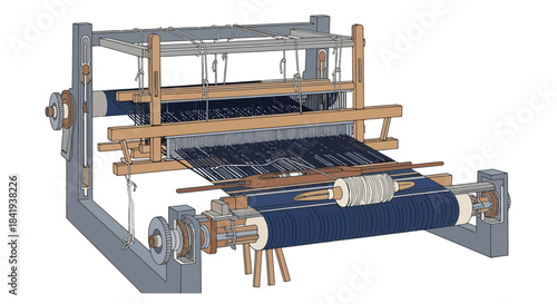 Traditional Weaving Loom with Dark Blue Fabric and Wooden Frame.