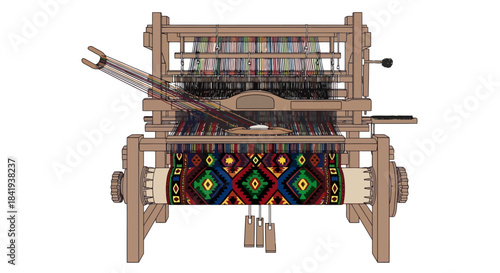 Traditional Wooden Hand Loom with Intricate Woven Textile.