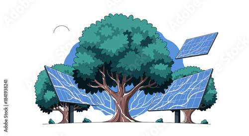 Trees and Solar Panels Illustrating Sustainable Energy and Environmental Harmony.