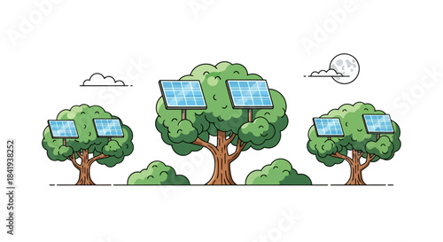 Trees with Solar Panels Illustrating Sustainable Energy and Green Technology.