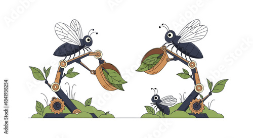 Two cartoon bees on branches with leaves and a small bee on the ground.