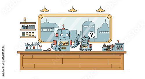 Two robots interacting at a counter, one with a question mark.