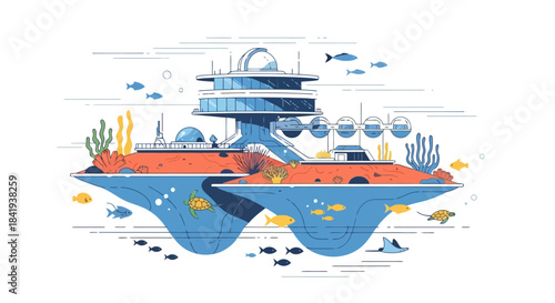 Underwater Research Facility with Marine Life and Coral Reefs.