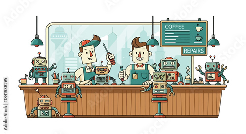 Two friendly baristas and their robot assistants working in a futuristic coffee shop.