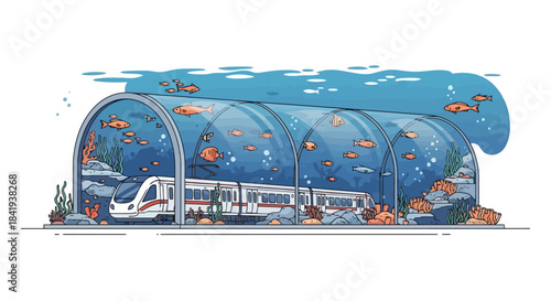 Underwater train tunnel with a modern train passing through.