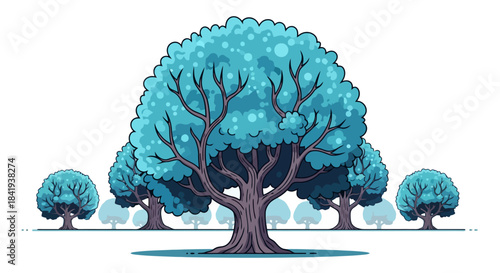 Vibrant Blue-Green Tree with Lush Foliage and Strong Trunk.