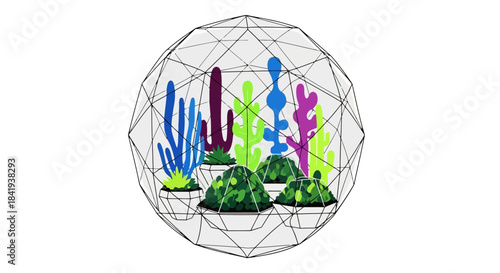 Vibrant Underwater Flora in Geometric Sphere Illustration.
