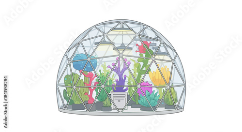 Vibrant Underwater Ecosystem in a Glass Dome Aquarium.