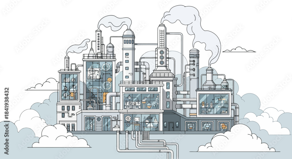 Naklejka premium Detailed industrial factory complex with smoke stacks and pipes.