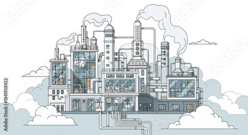 Detailed industrial factory complex with smoke stacks and pipes.