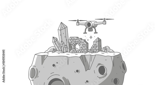 Drone Exploring Ancient Ruins and Crystals on a Cratered Asteroid.