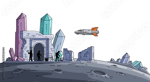 Explorers Discovering Ancient Crystal Ruins on a Cratered Alien Planet.