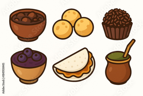 Stylized cartoon icons of Brazilian cuisine with feijoada, pão de queijo, brigadeiro, açaí, tapioca, and chimarrão