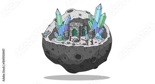 Fantasy Asteroid City with Glowing Crystals and Ancient Structures.