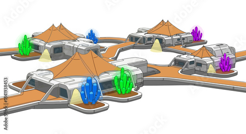 Futuristic alien settlement with unique architecture and vibrant crystal formations.