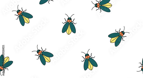 Fireflies with glowing abdomens on a white background.