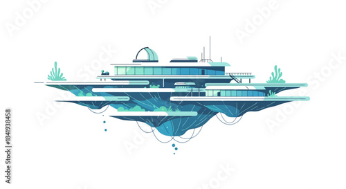 Futuristic Blue and Green Floating Island City Concept Art.