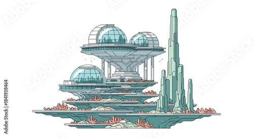Futuristic Cityscape with Domed Buildings and Spire Structures.