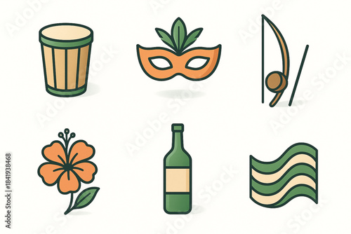 Stylized cartoon icons of Brazilian culture with samba drum, carnival mask, berimbau, cachaça, flower, and wave