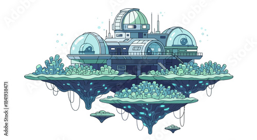 Futuristic Floating City with Dome Structures and Lush Greenery.
