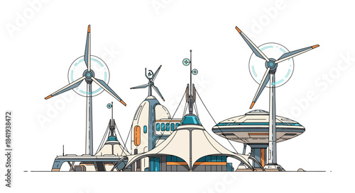 Futuristic Eco-Friendly Cityscape with Wind Turbines and Sustainable Architecture.