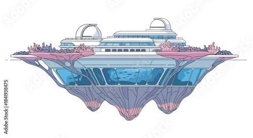 Futuristic floating island city with advanced architecture and observatories.
