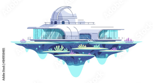 Futuristic floating island with observatory and modern architecture.