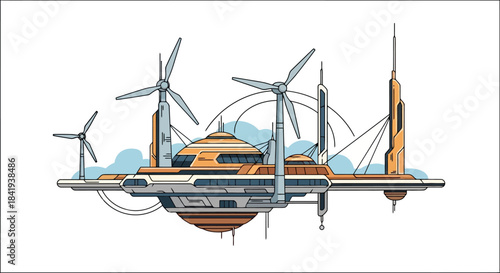 Futuristic Floating City with Wind Turbines and Advanced Architecture.