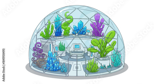 Futuristic Geodesic Dome with Exotic Alien Plants and Advanced Cultivation System.