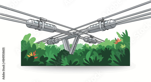 Industrial Power Lines Crossing Over Lush Green Foliage.