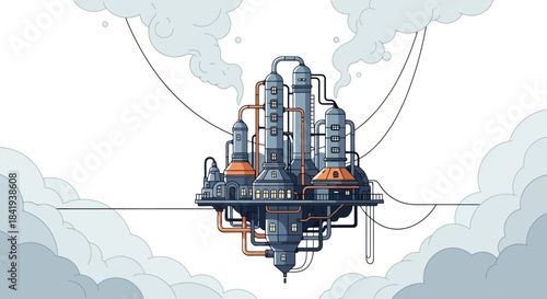 Industrial Plant Floating in Clouds with Pipes and Tanks.