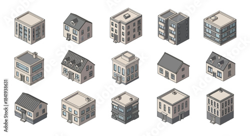 Isometric pixel art buildings set isolated on white background.