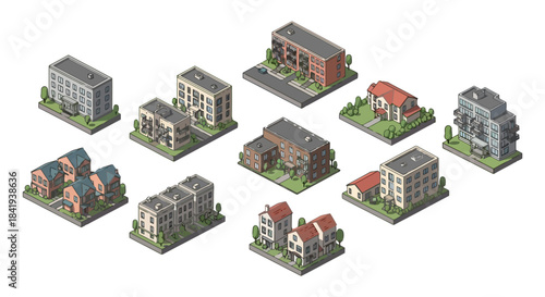 Isometric Pixel Art Collection of Diverse City Buildings and Structures.