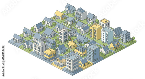 Isometric view of a charming and bustling city block with various buildings.