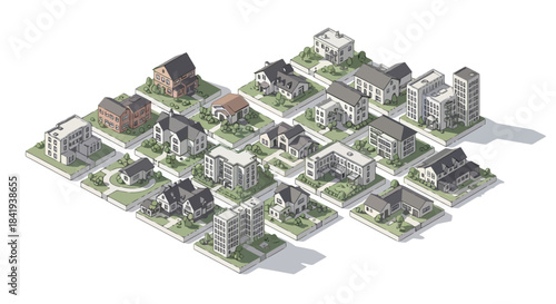 Isometric view of a diverse residential and commercial urban block layout.