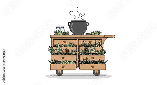 Mobile Herb Garden Cart with Steaming Pot.